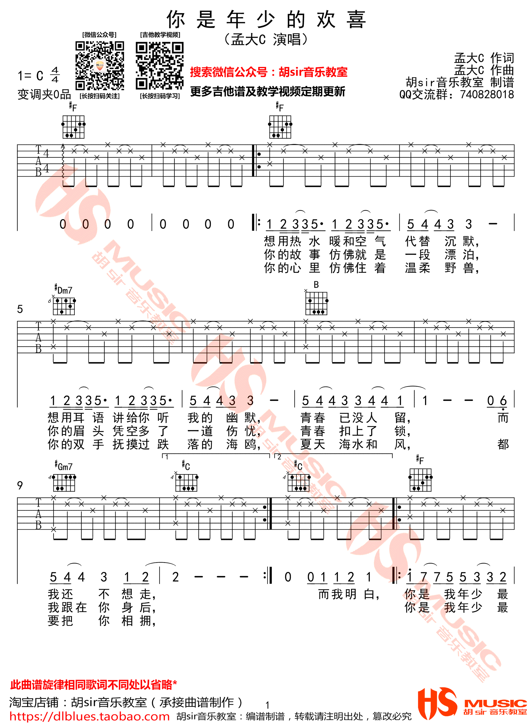 孟大C《你是年少的欢喜》吉他谱